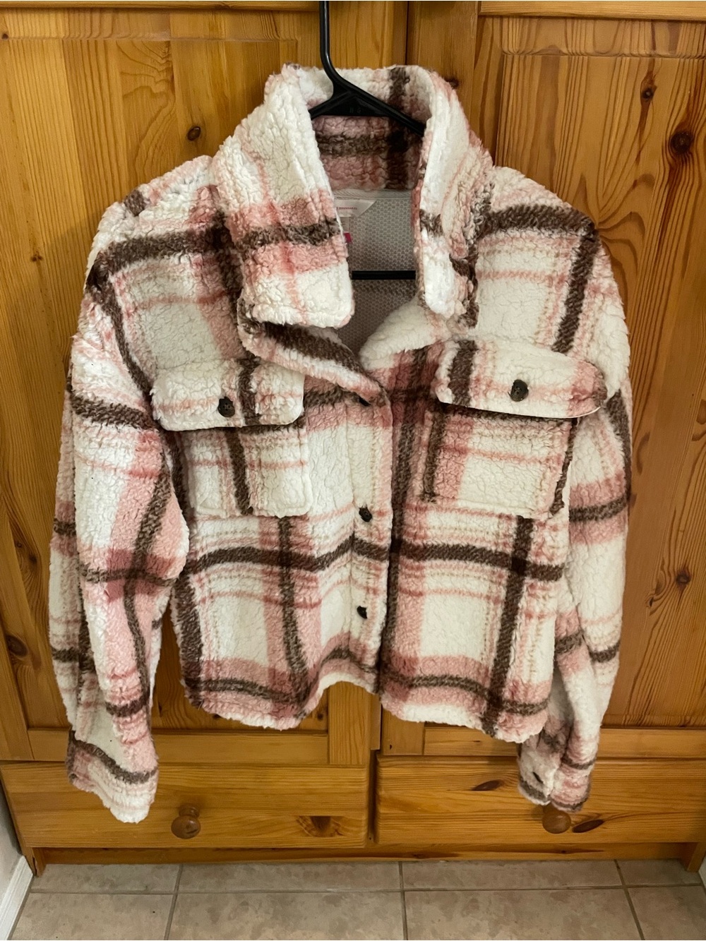 No Boundaries Pink & Brown Plaid Sherpa Jacket